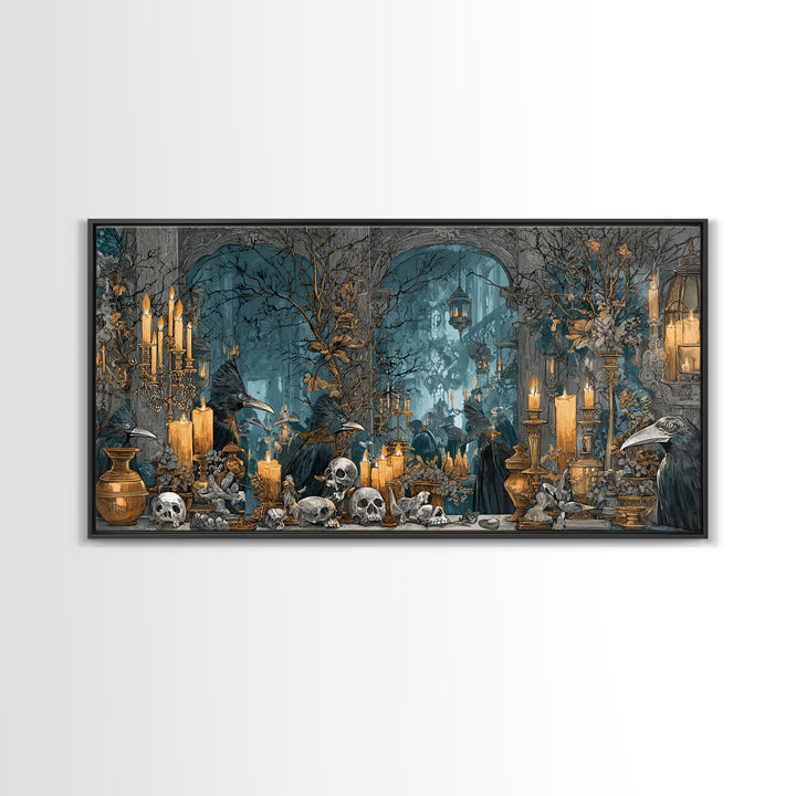 The Raven-Masked Ballroom - Occult Still Life, Halloween Wall Art, Wide Panoramic Art, Framed Canvas Print, Halloween Home Decor