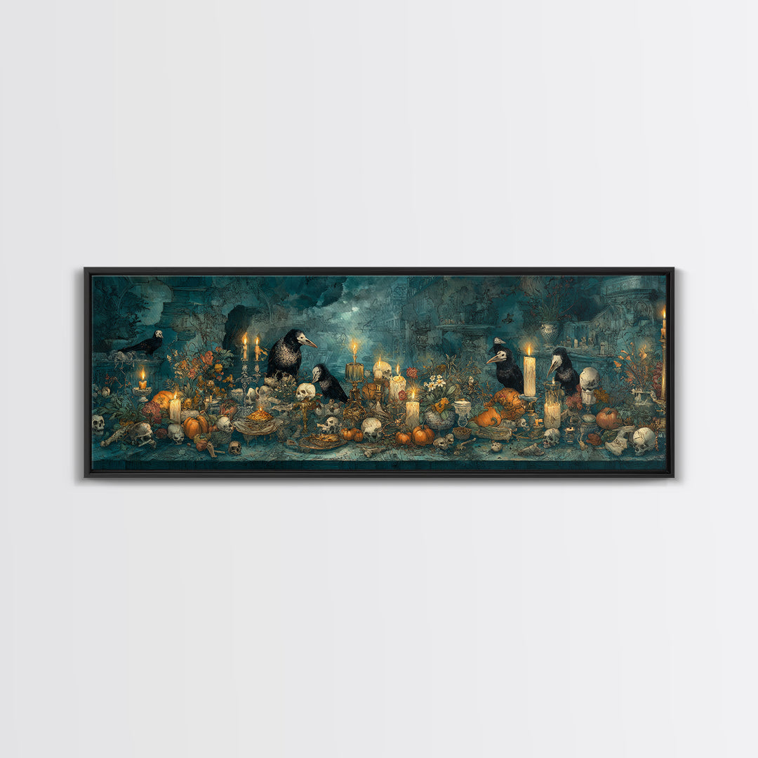 The Raven-Masked Ballroom - Occult Still Life, Halloween Wall Art, Extra Wide Wall Art, Framed Canvas Print, Halloween Home Decor
