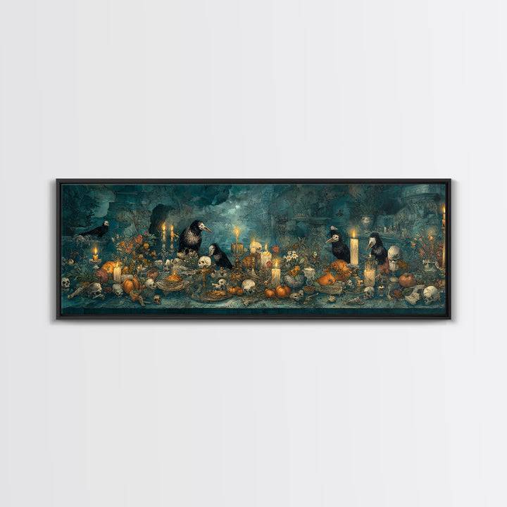 The Raven-Masked Ballroom - Occult Still Life, Halloween Wall Art, Extra Wide Wall Art, Framed Canvas Print, Halloween Home Decor