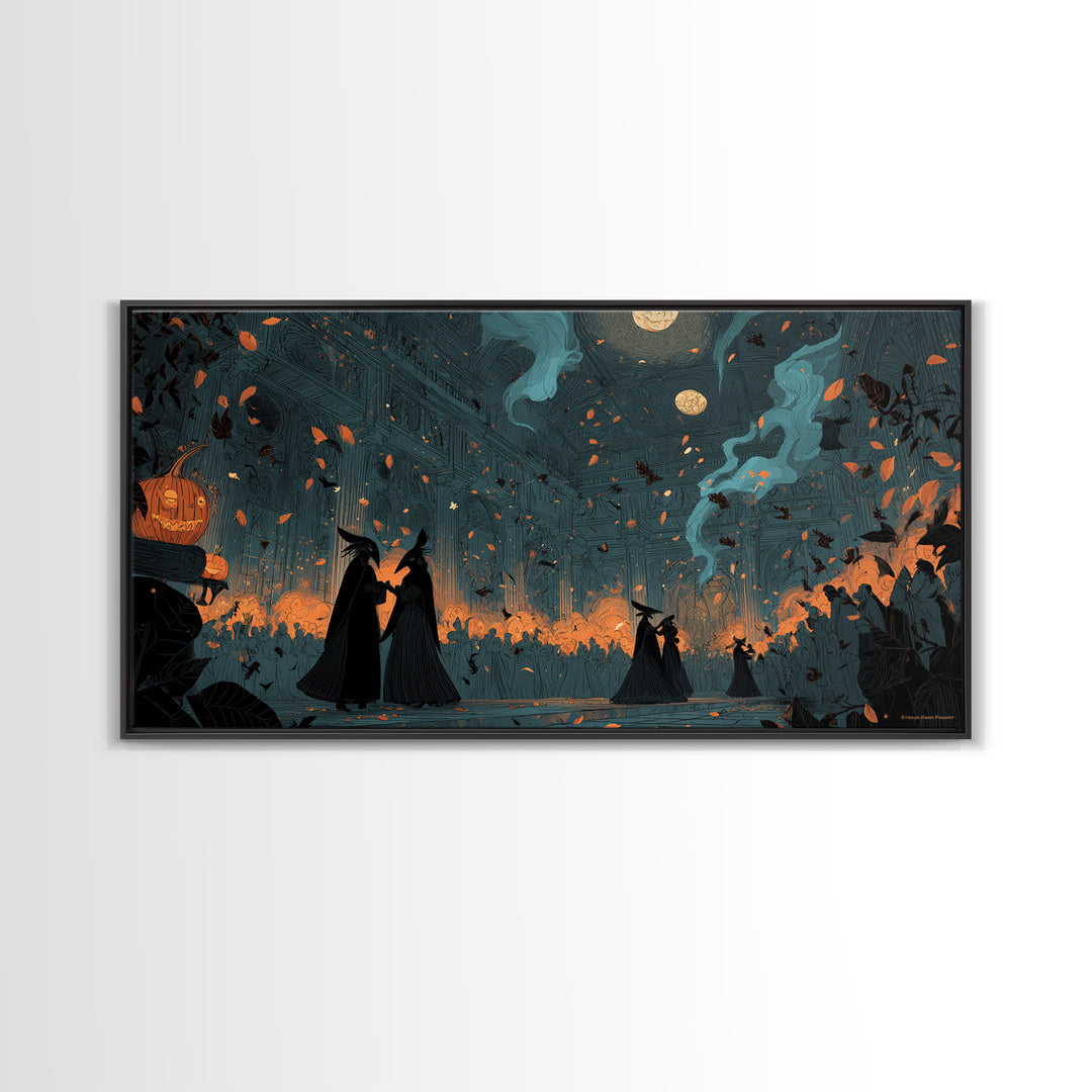 The Raven-Masked Ballroom - Procession Scene, Spooky Wall Decor, Wide Panoramic Art, Framed Canvas Print, Halloween Home Decor