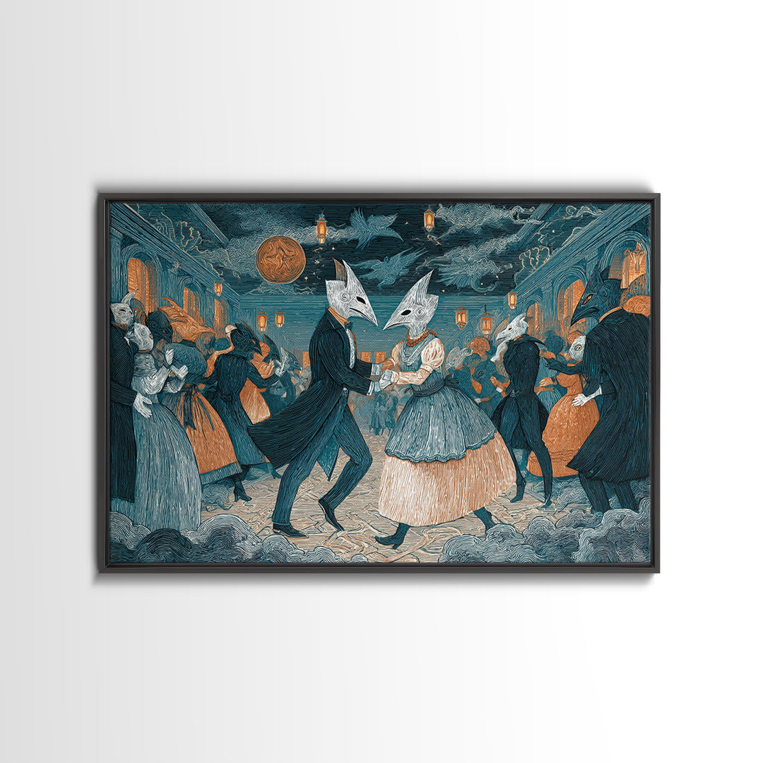 The Raven-Masked Ballroom - Surreal Celestial Vision, Halloween Wall Art, Landscape Wall Art, Framed Canvas Print, Halloween Home Decor