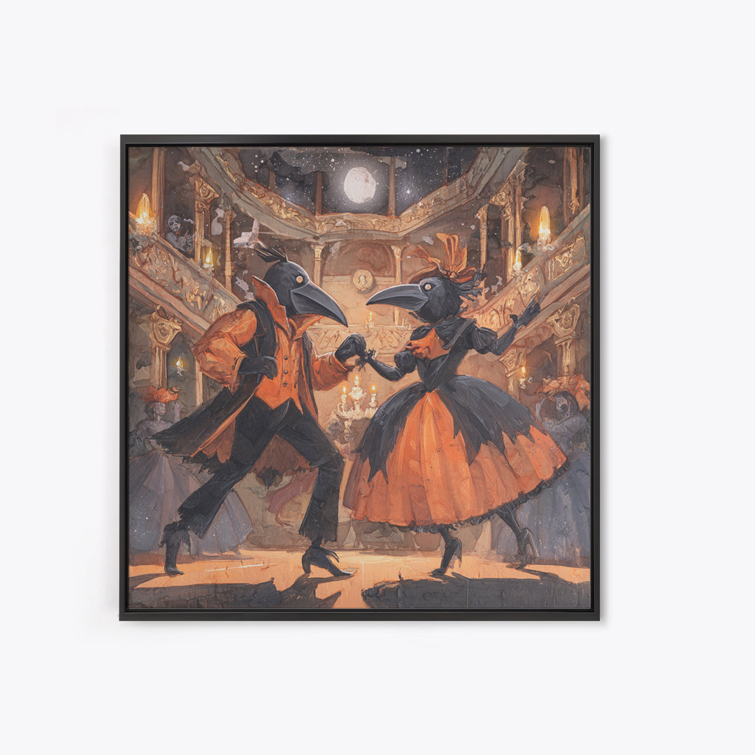 The Raven-Masked Ballroom - Surreal Celestial Vision, Macabre Halloween Art, Square Wall Art, Framed Canvas Print, Halloween Home Decor