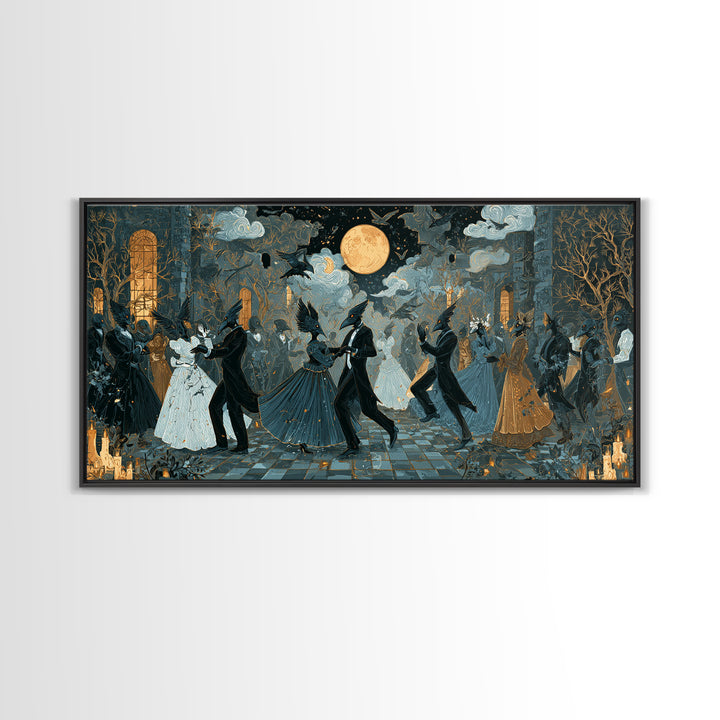 The Raven-Masked Ballroom - Surreal Celestial Vision, Occult Wall Decor, Wide Panoramic Art, Canvas Print, Halloween Home Decor