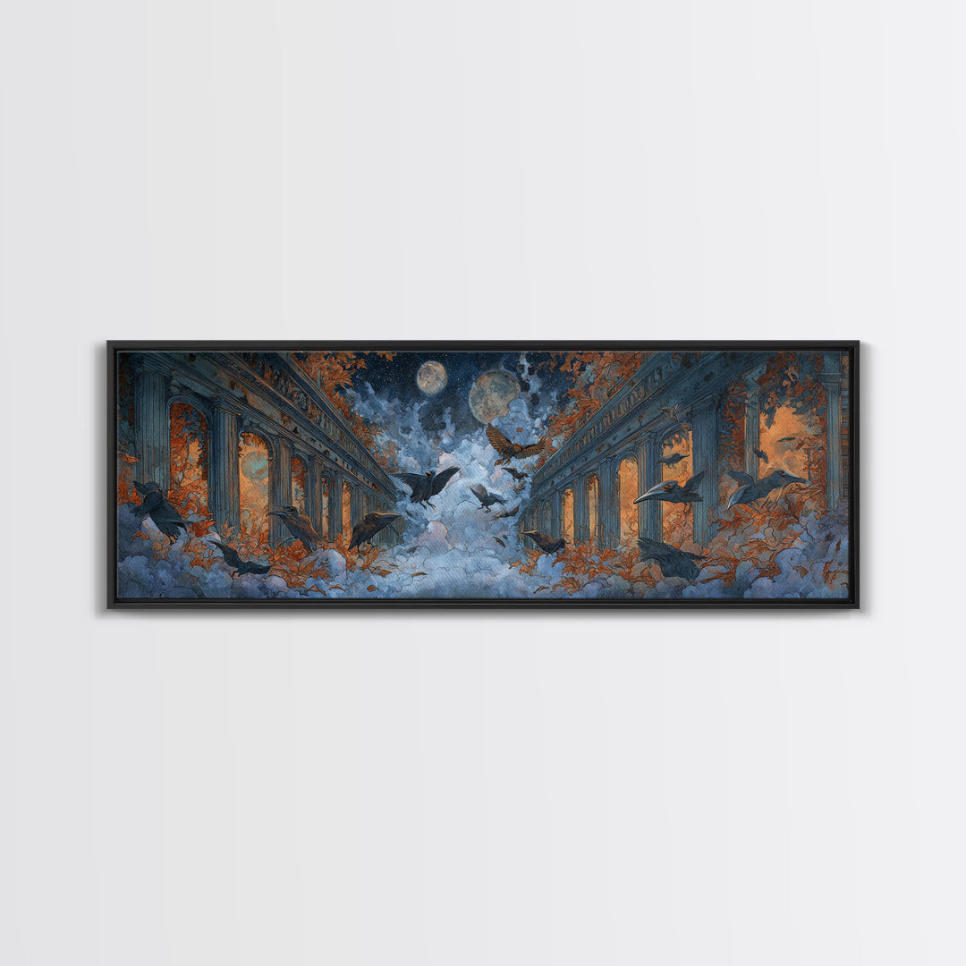 The Raven-Masked Ballroom - Surreal Celestial Vision, Dark Fantasy Wall Art, Extra Wide Wall Art, Canvas Print, Halloween Home Decor