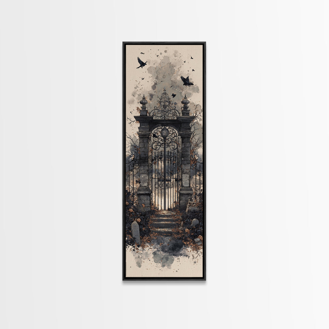 The Black Rose Cemetery Gate - Icon Portrait, Halloween Wall Art, Tall Narrow Wall Art, Framed Canvas Print, Halloween Home Decor