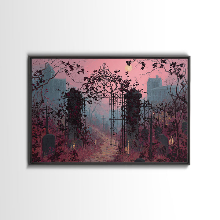 The Black Rose Cemetery Gate - Environmental Panorama, Macabre Halloween Art, Landscape Wall Art, Framed Canvas Print, Halloween Home Decor