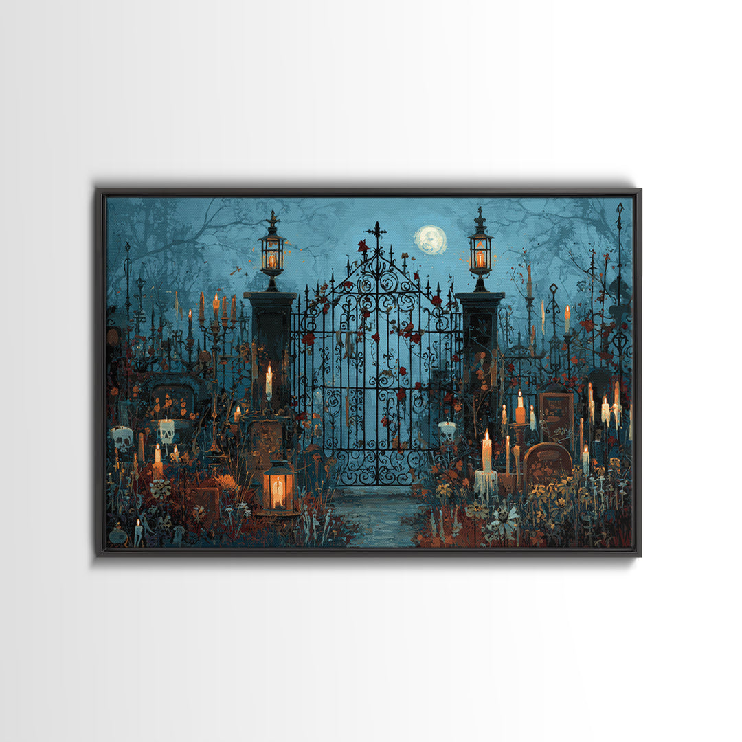 The Black Rose Cemetery Gate - Occult Still Life, Macabre Halloween Art, Landscape Wall Art, Framed Canvas Print, Halloween Home Decor