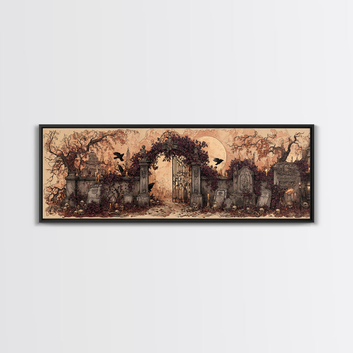 The Black Rose Cemetery Gate - Occult Still Life, Spooky Wall Decor, Extra Wide Wall Art, Framed Canvas Print, Halloween Home Decor