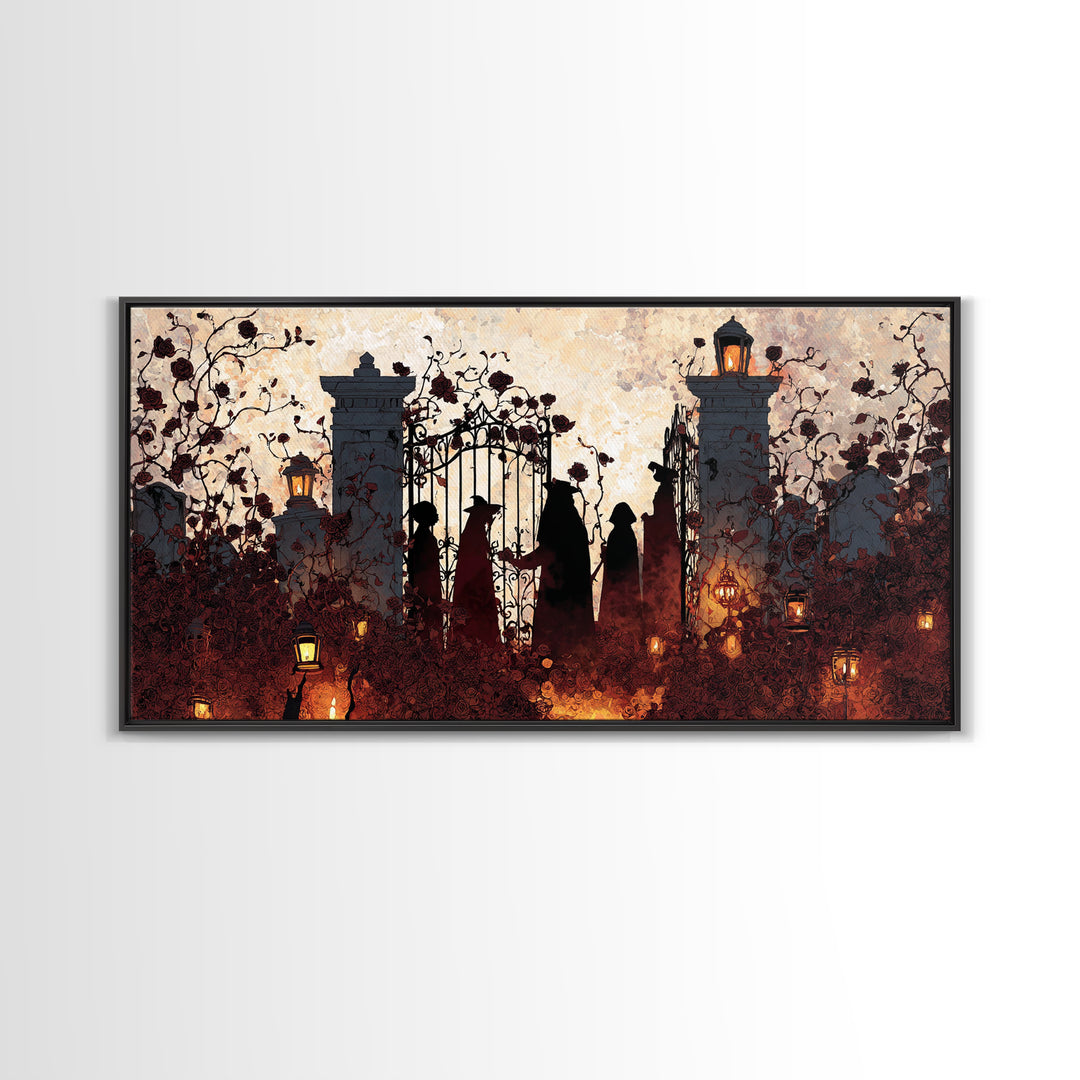 The Black Rose Cemetery Gate - Procession Scene, Spooky Wall Decor, Wide Panoramic Art, Framed Canvas Print, Halloween Home Decor