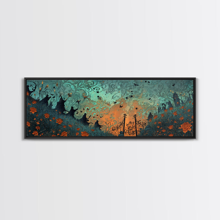 The Black Rose Cemetery Gate - Procession Scene, Dark Fantasy Wall Art, Extra Wide Wall Art, Canvas Print, Halloween Home Decor