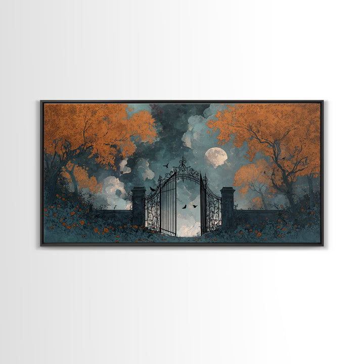 The Black Rose Cemetery Gate - Surreal Celestial Vision, Occult Wall Decor, Wide Panoramic Art, Canvas Print, Halloween Home Decor