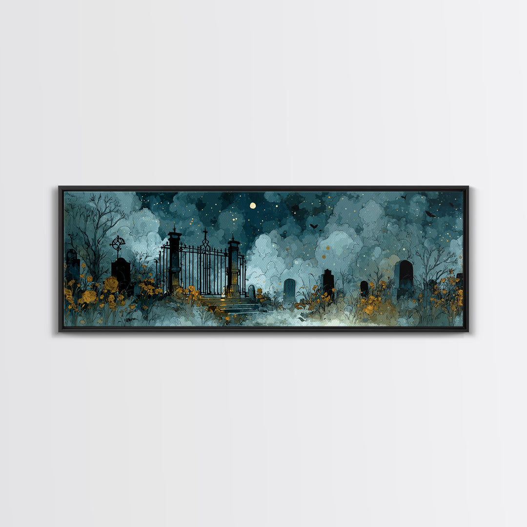 The Black Rose Cemetery Gate - Surreal Celestial Vision, Halloween Wall Art, Extra Wide Wall Art, Framed Canvas Print, Halloween Home Decor