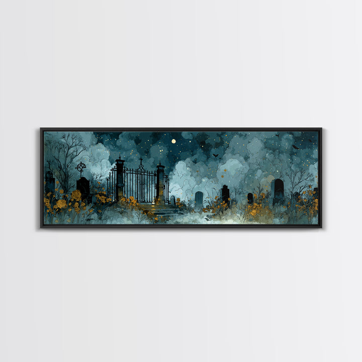 The Black Rose Cemetery Gate - Surreal Celestial Vision, Halloween Wall Art, Extra Wide Wall Art, Framed Canvas Print, Halloween Home Decor
