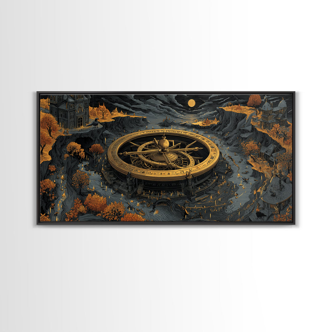 The Cursed Astrolabe - Environmental Panorama, Spooky Wall Decor, Wide Panoramic Art, Framed Canvas Print, Halloween Home Decor