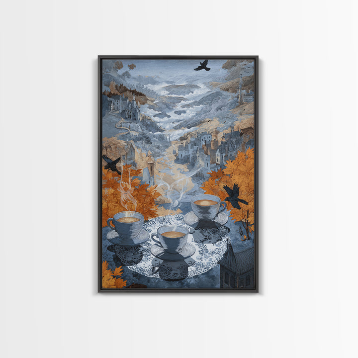 The Haunted Teacup Seance - Environmental Panorama, Spooky Wall Decor, Vertical Wall Art, Framed Canvas Print, Halloween Home Decor