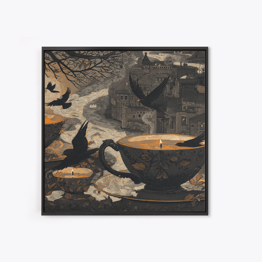 The Haunted Teacup Seance - Environmental Panorama, Dark Fantasy Wall Art, Square Wall Art, Canvas Print, Halloween Home Decor