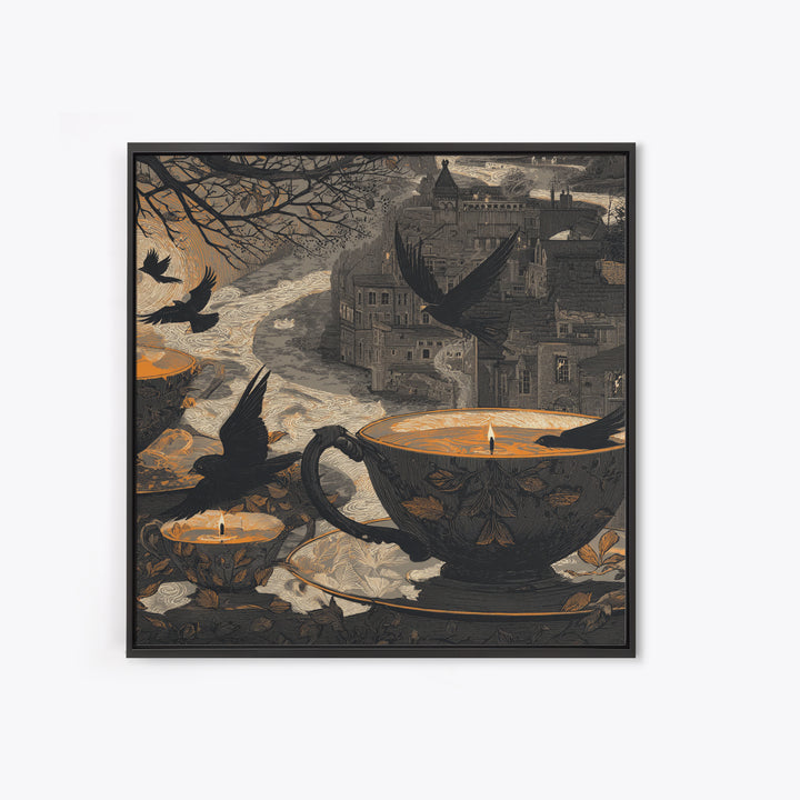 The Haunted Teacup Seance - Environmental Panorama, Dark Fantasy Wall Art, Square Wall Art, Canvas Print, Halloween Home Decor