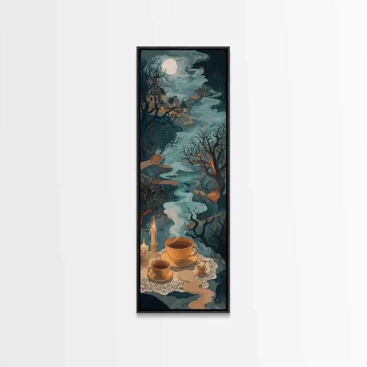 The Haunted Teacup Seance - Environmental Panorama, Spooky Wall Decor, Tall Narrow Wall Art, Framed Canvas Print, Halloween Home Decor