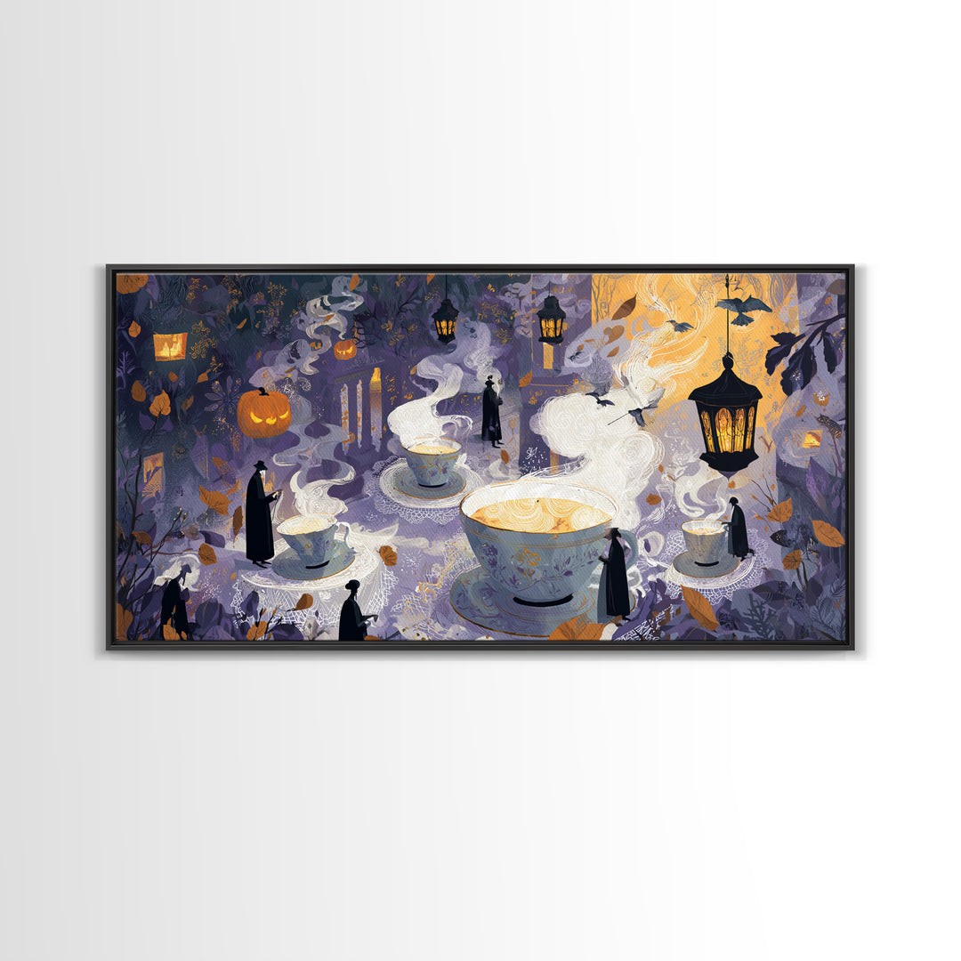 The Haunted Teacup Seance - Procession Scene, Dark Fantasy Wall Art, Wide Panoramic Art, Canvas Print, Halloween Home Decor, Gothic Wall Art