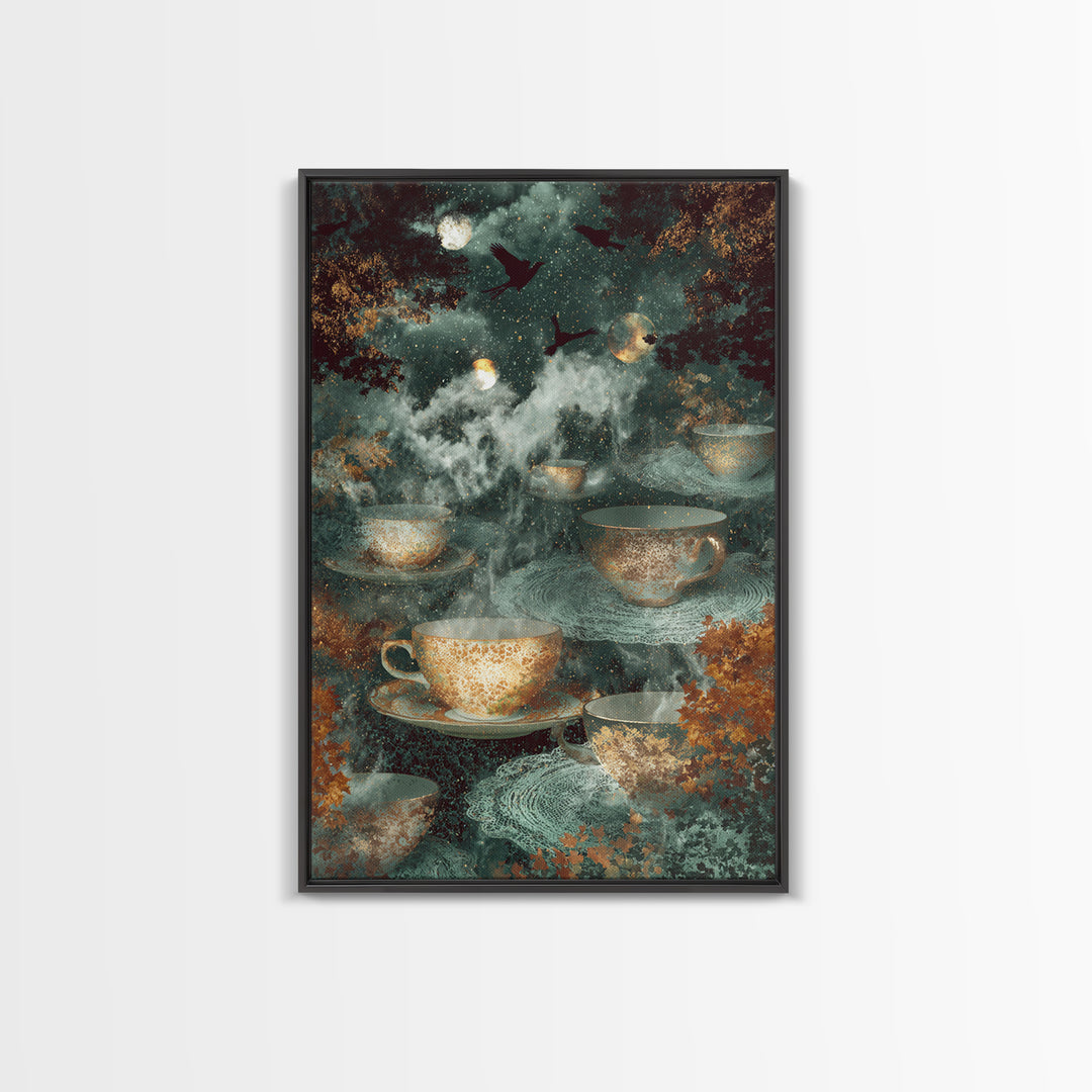 The Haunted Teacup Seance - Surreal Celestial Vision, Gothic Home Decor, Vertical Wall Art, Canvas Print, Halloween Home Decor