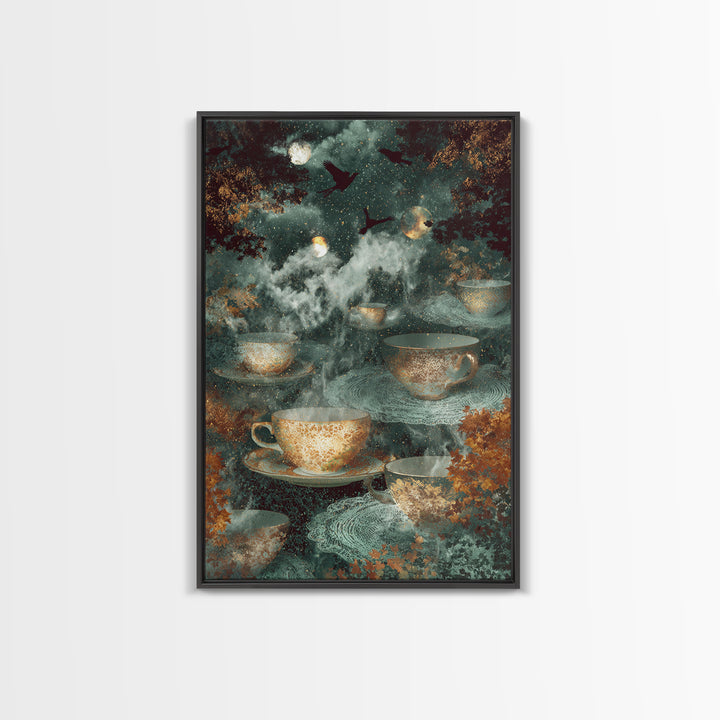 The Haunted Teacup Seance - Surreal Celestial Vision, Gothic Home Decor, Vertical Wall Art, Canvas Print, Halloween Home Decor