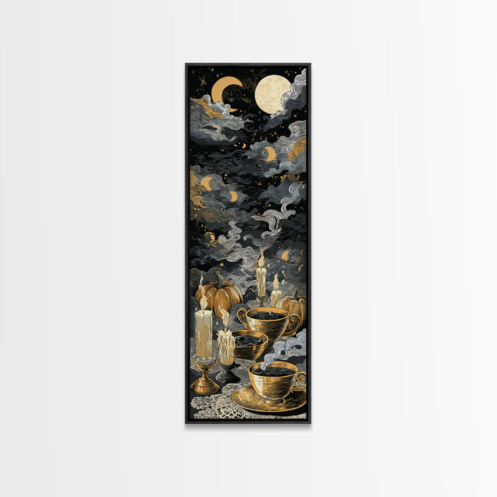 The Haunted Teacup Seance - Surreal Celestial Vision, Macabre Halloween Art, Tall Narrow Wall Art, Framed Canvas Print, Halloween Home Decor