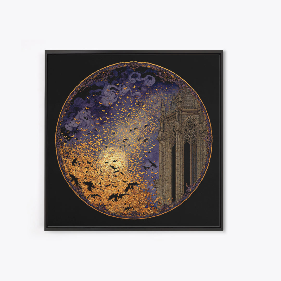 The Golden Bat Swarm - Icon Portrait, Gothic Home Decor, Square Wall Art, Canvas Print, Halloween Home Decor, Gothic Wall Art