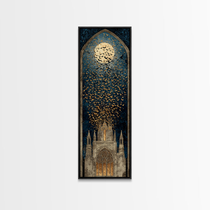 The Golden Bat Swarm - Icon Portrait, Macabre Halloween Art, Tall Narrow Wall Art, Framed Canvas Print, Halloween Home Decor