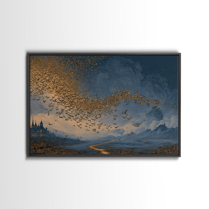 The Golden Bat Swarm - Environmental Panorama, Spooky Wall Decor, Landscape Wall Art, Framed Canvas Print, Halloween Home Decor