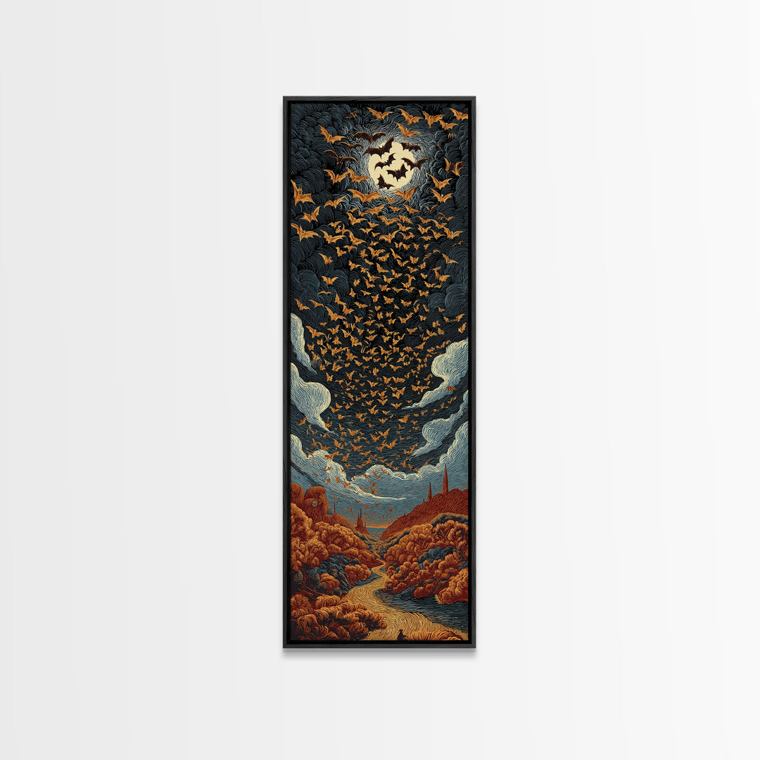 The Golden Bat Swarm - Environmental Panorama, Halloween Wall Art, Tall Narrow Wall Art, Framed Canvas Print, Halloween Home Decor