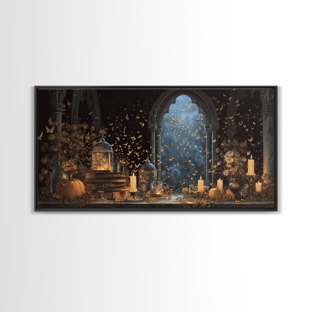 The Golden Bat Swarm - Occult Still Life, Gothic Home Decor, Wide Panoramic Art, Canvas Print, Halloween Home Decor, Gothic Wall Art