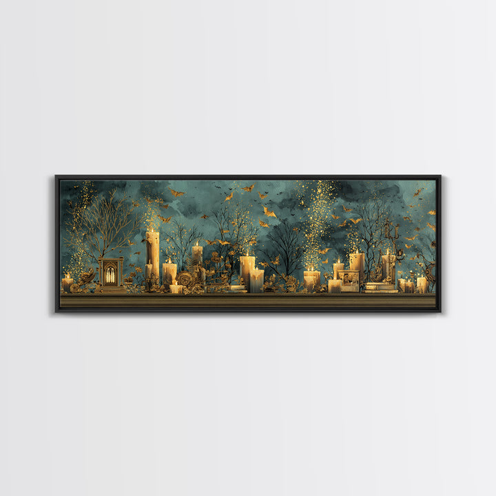 The Golden Bat Swarm - Occult Still Life, Macabre Halloween Art, Extra Wide Wall Art, Framed Canvas Print, Halloween Home Decor