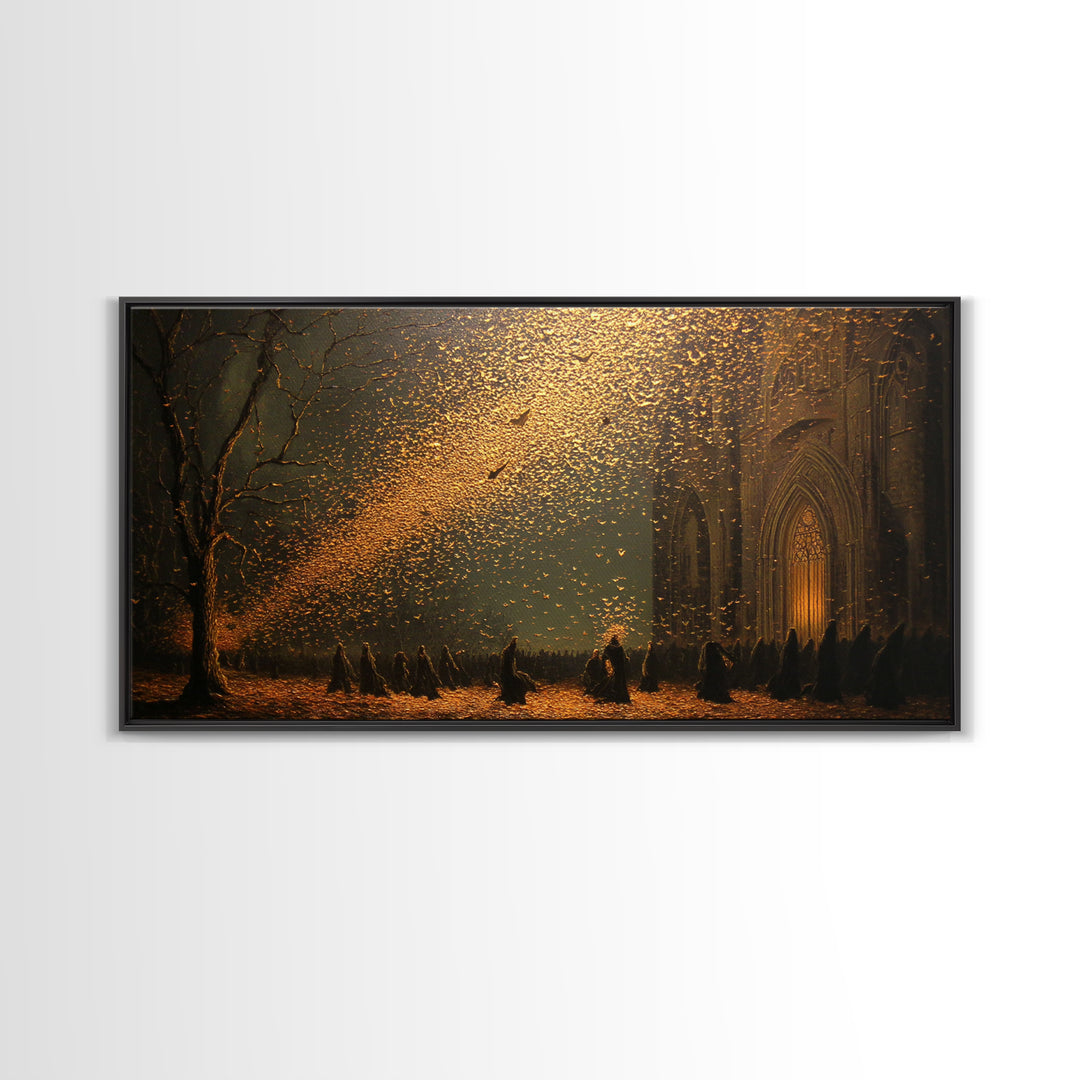 The Golden Bat Swarm - Procession Scene, Occult Wall Decor, Wide Panoramic Art, Canvas Print, Halloween Home Decor, Gothic Wall Art