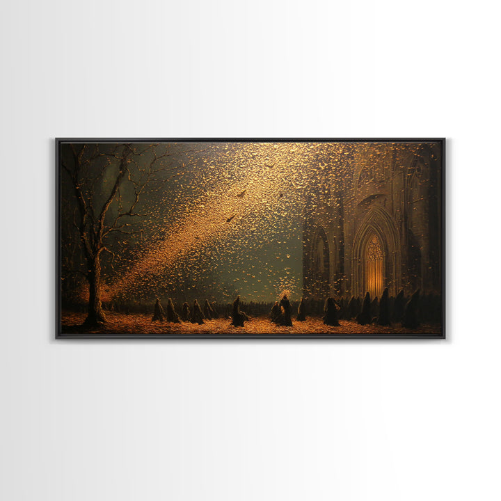 The Golden Bat Swarm - Procession Scene, Occult Wall Decor, Wide Panoramic Art, Canvas Print, Halloween Home Decor, Gothic Wall Art