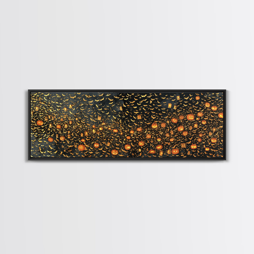 The Golden Bat Swarm - Procession Scene, Gothic Home Decor, Extra Wide Wall Art, Canvas Print, Halloween Home Decor, Gothic Wall Art
