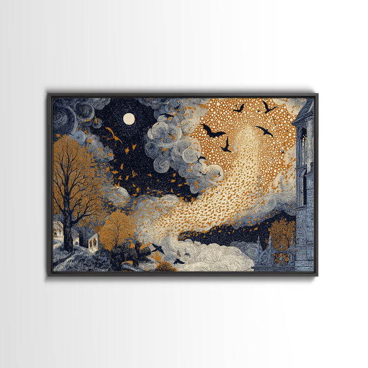 The Golden Bat Swarm - Surreal Celestial Vision, Occult Wall Decor, Landscape Wall Art, Canvas Print, Halloween Home Decor, Gothic Wall Art