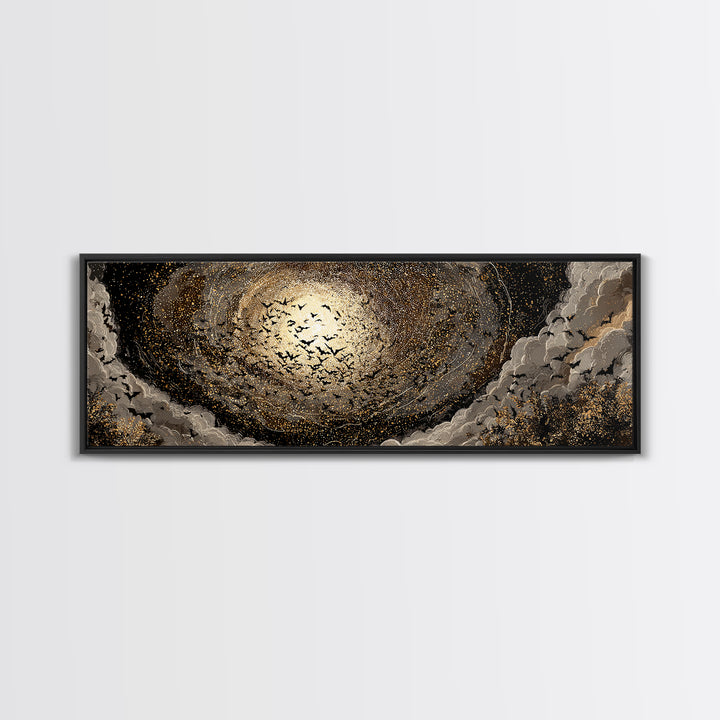 The Golden Bat Swarm - Surreal Celestial Vision, Gothic Home Decor, Extra Wide Wall Art, Canvas Print, Halloween Home Decor, Gothic Wall Art