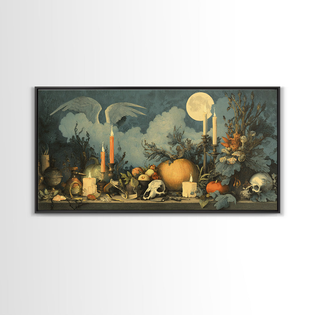 The Pumpkin-Winged Angel - Occult Still Life, Spooky Wall Decor, Wide Panoramic Art, Framed Canvas Print, Halloween Home Decor