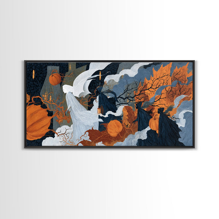 The Pumpkin-Winged Angel - Procession Scene, Macabre Halloween Art, Wide Panoramic Art, Framed Canvas Print, Halloween Home Decor