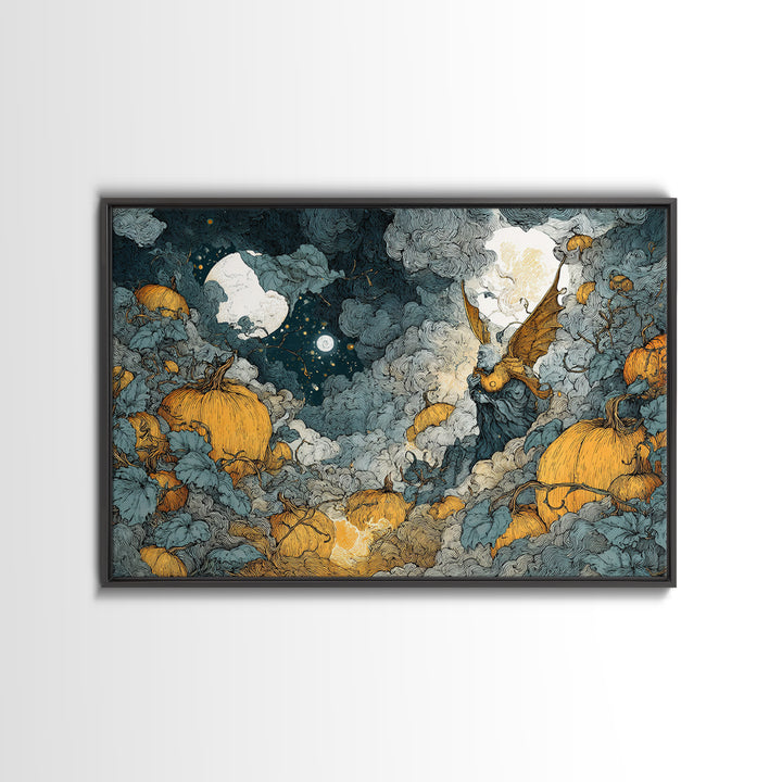 The Pumpkin-Winged Angel - Surreal Celestial Vision, Spooky Wall Decor, Landscape Wall Art, Framed Canvas Print, Halloween Home Decor
