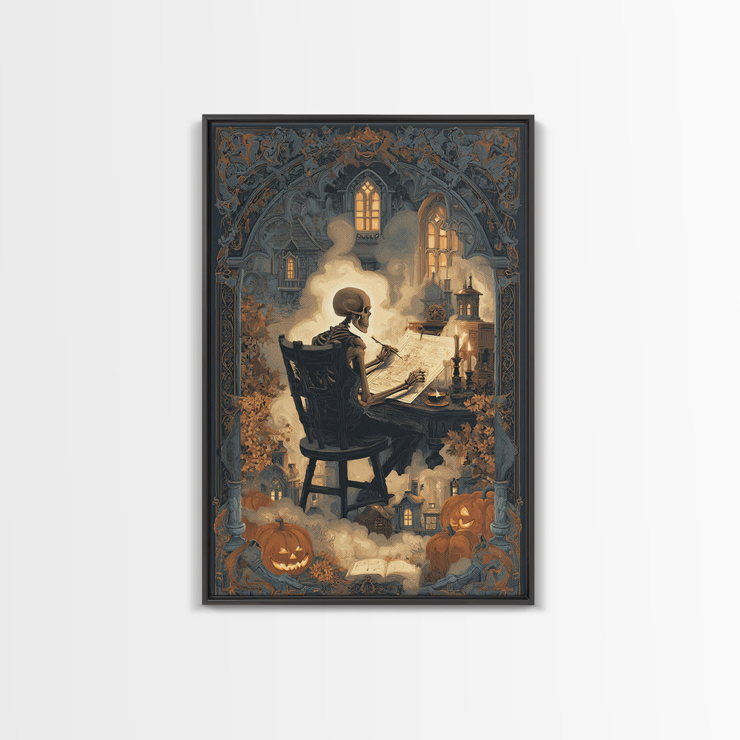The Skeleton Cartographer - Icon Portrait, Halloween Wall Art, Vertical Wall Art, Framed Canvas Print, Halloween Home Decor, Gothic Wall Art