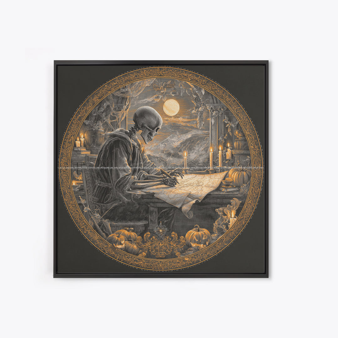The Skeleton Cartographer - Icon Portrait, Macabre Halloween Art, Square Wall Art, Framed Canvas Print, Halloween Home Decor