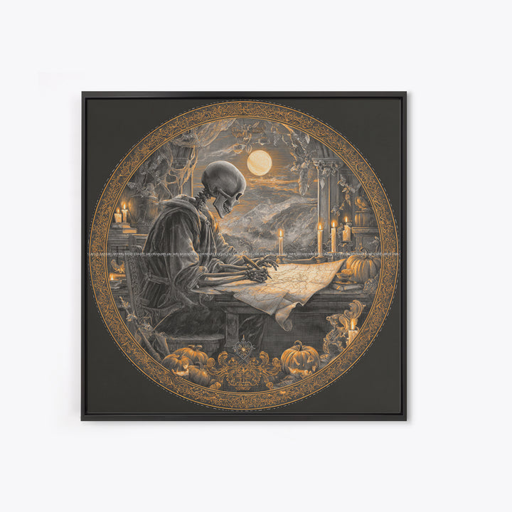 The Skeleton Cartographer - Icon Portrait, Macabre Halloween Art, Square Wall Art, Framed Canvas Print, Halloween Home Decor