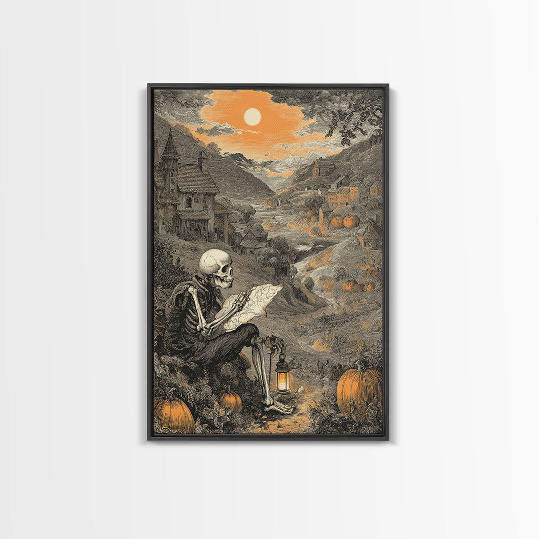 The Skeleton Cartographer - Environmental Panorama, Gothic Home Decor, Vertical Wall Art, Canvas Print, Halloween Home Decor