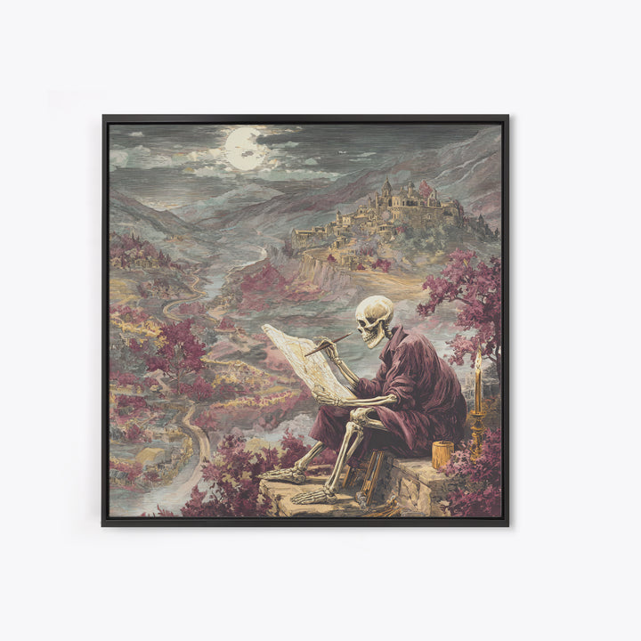 The Skeleton Cartographer - Environmental Panorama, Halloween Wall Art, Square Wall Art, Framed Canvas Print, Halloween Home Decor