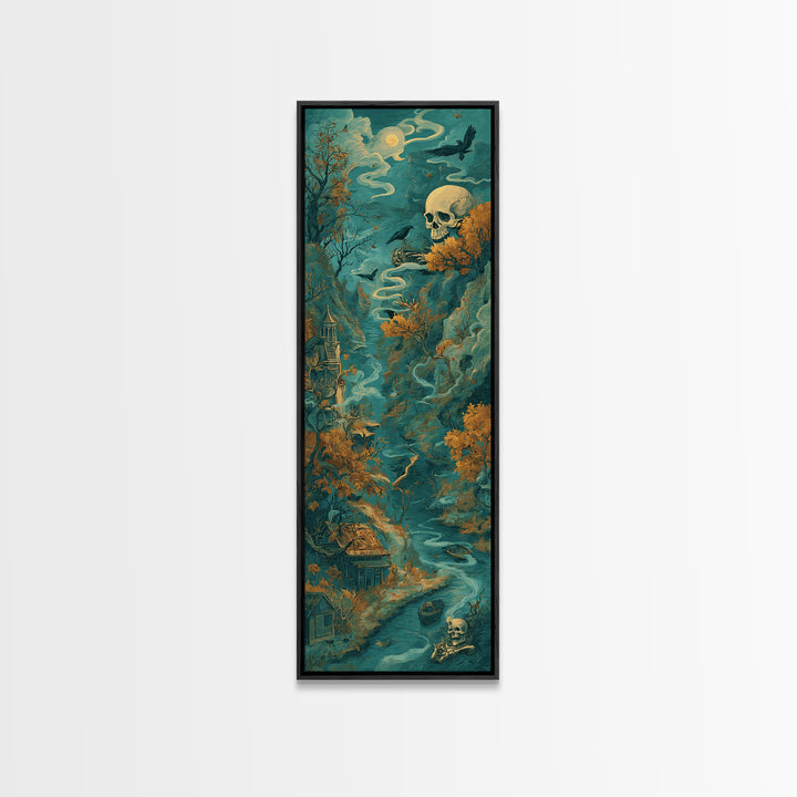 The Skeleton Cartographer - Environmental Panorama, Dark Fantasy Wall Art, Tall Narrow Wall Art, Canvas Print, Halloween Home Decor