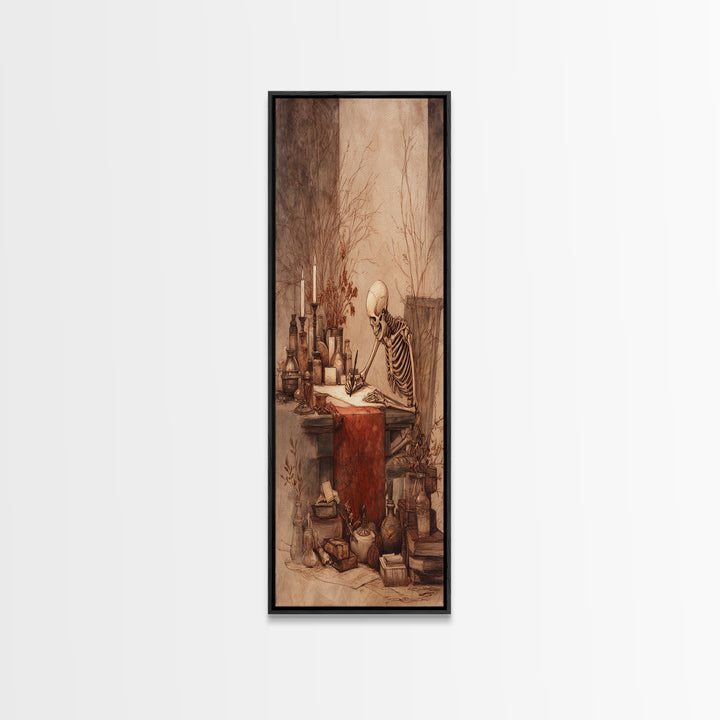 The Skeleton Cartographer - Occult Still Life, Macabre Halloween Art, Vertical Wall Art, Framed Canvas Print, Halloween Home Decor