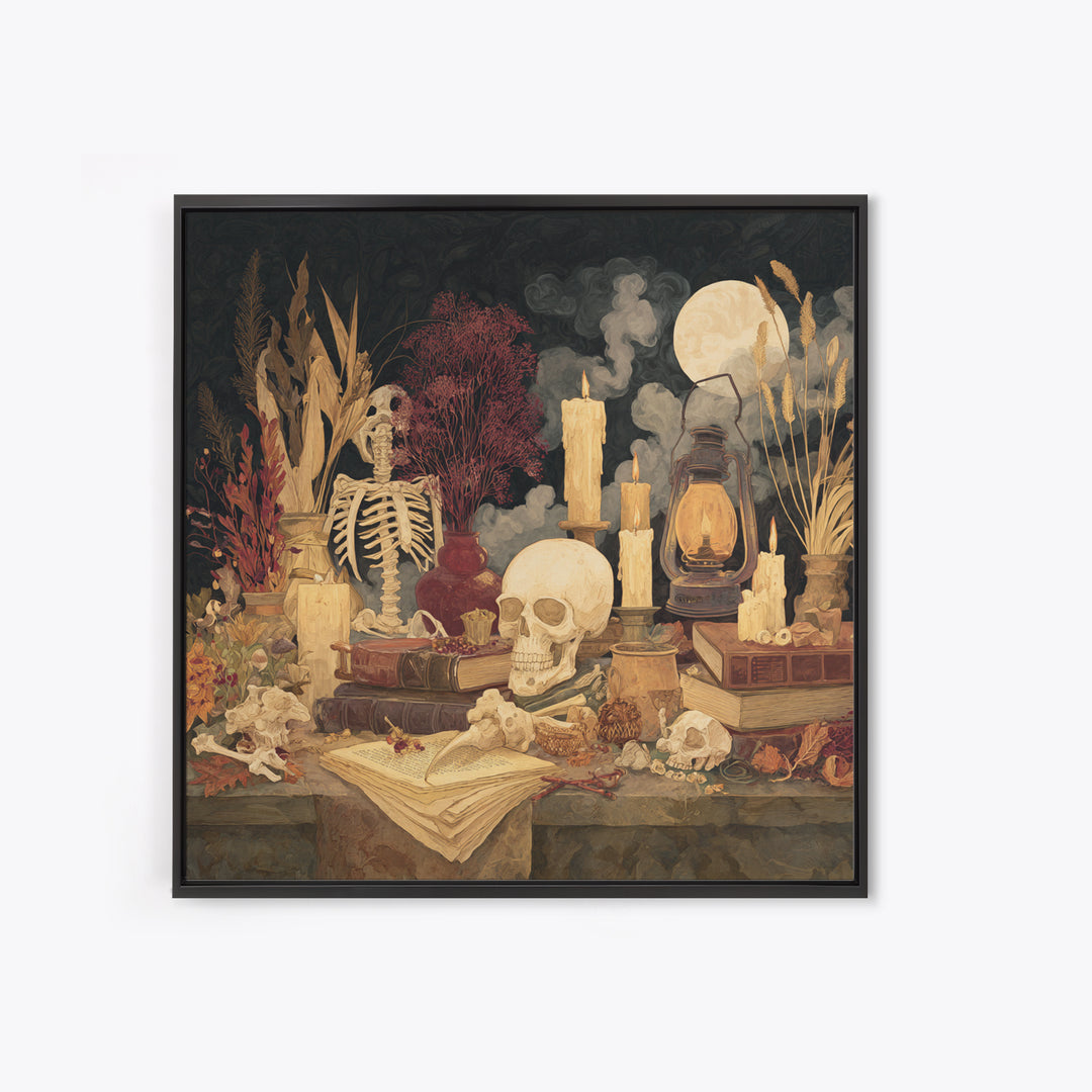 The Skeleton Cartographer - Occult Still Life, Macabre Halloween Art, Square Wall Art, Framed Canvas Print, Halloween Home Decor