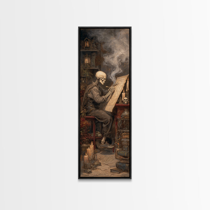 The Skeleton Cartographer - Occult Still Life, Halloween Wall Art, Tall Narrow Wall Art, Framed Canvas Print, Halloween Home Decor