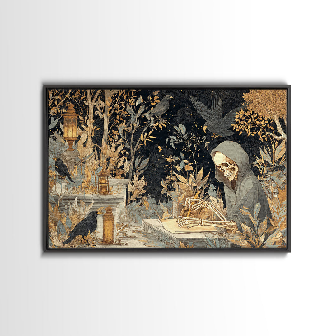 The Skeleton Cartographer - Procession Scene, Halloween Wall Art, Landscape Wall Art, Framed Canvas Print, Halloween Home Decor
